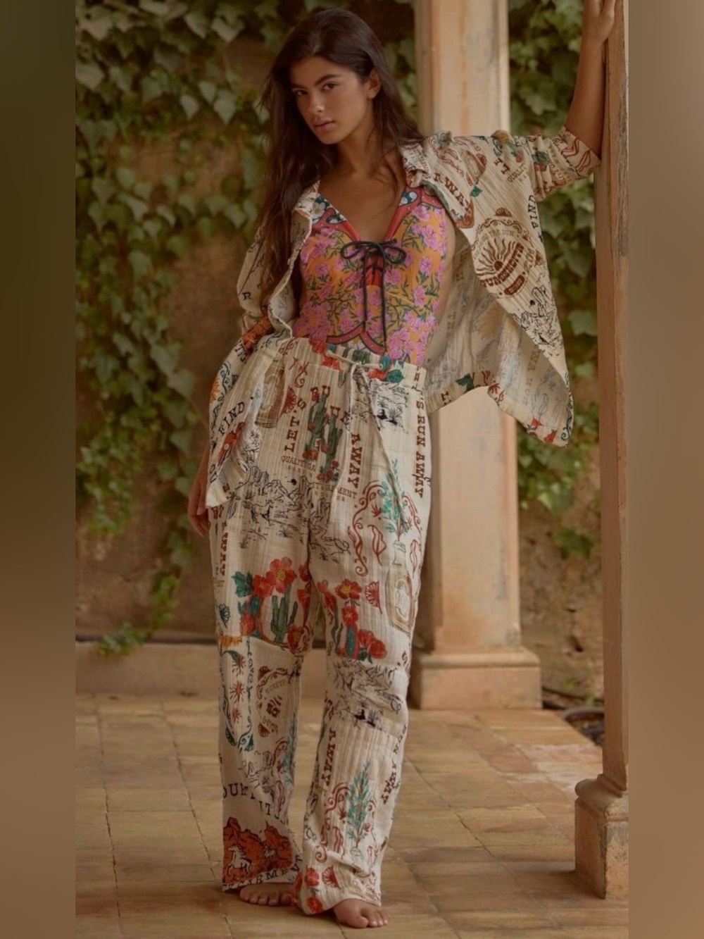 *Set* Agua Bendita Frank Nopal Western Cotton Top & Pant Set Size Large